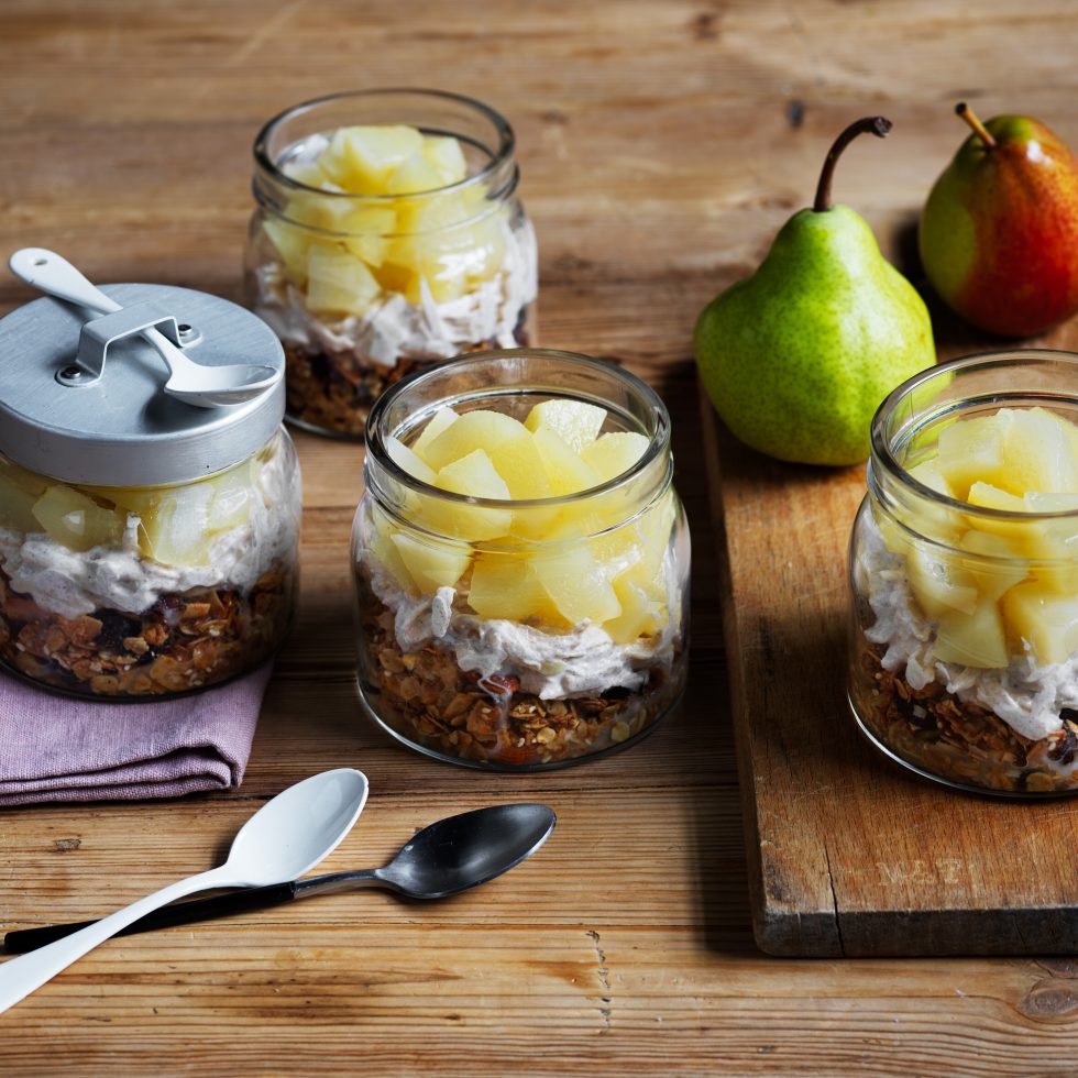 Spiced pear yoghurt and granola breakfast jars Australian Pears