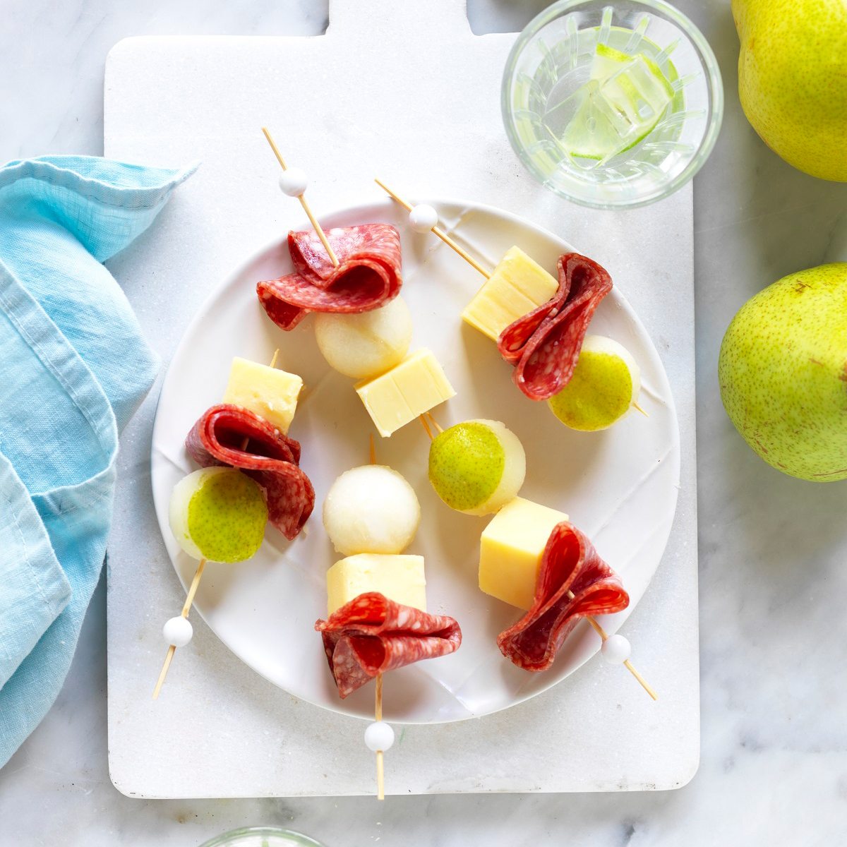 Pear, salami and cheese skewers