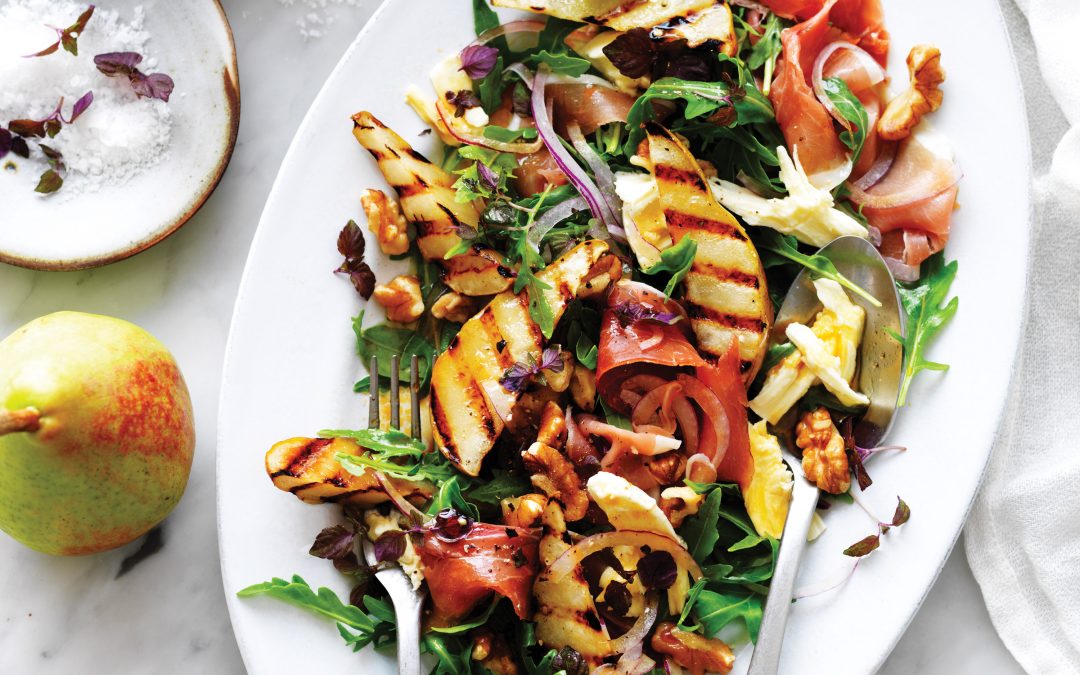 Grilled pear, rocket, walnut and prosciutto salad