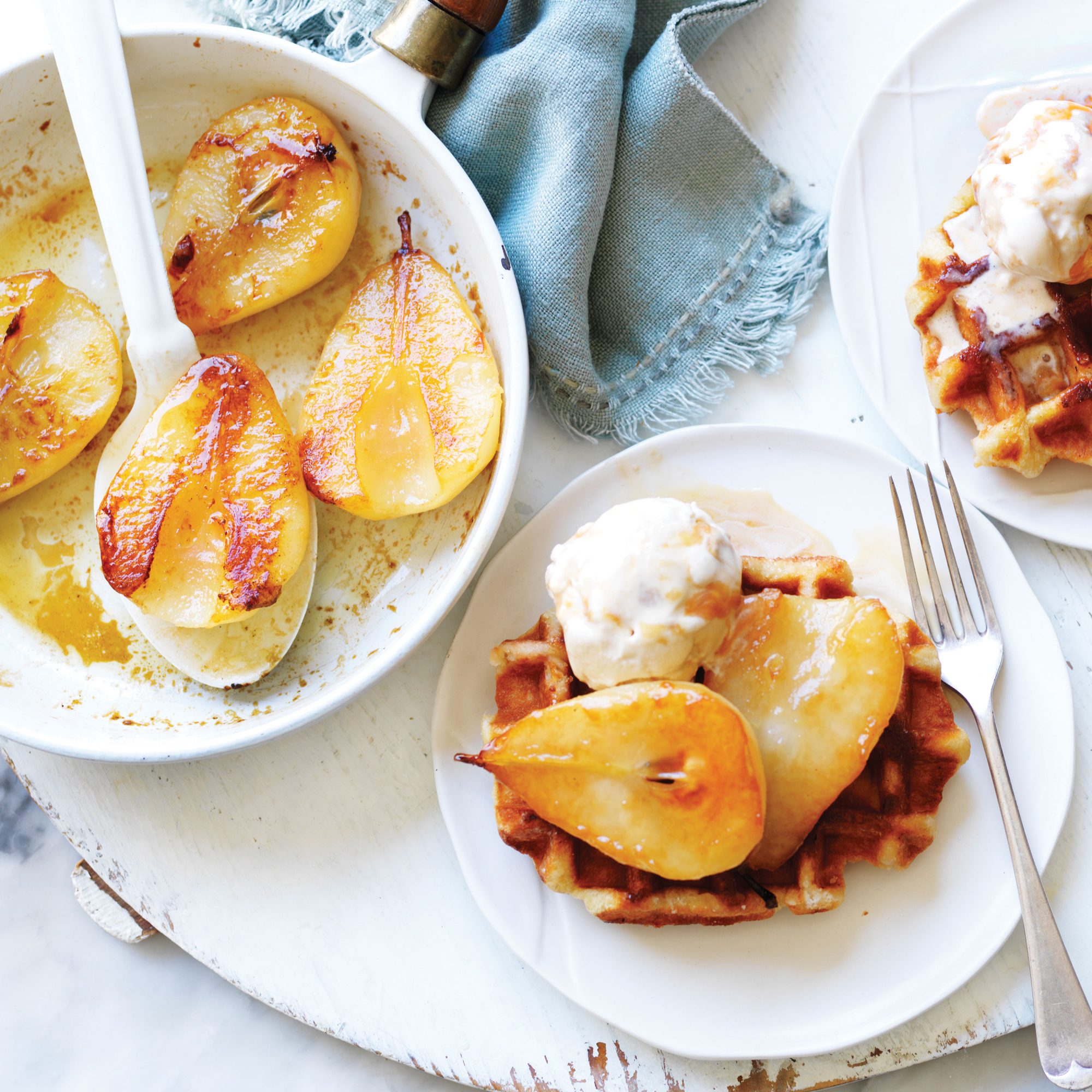 Waffles with caramel ice cream and pears