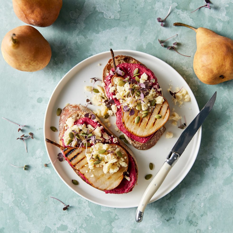 Grilled Beurré Bosc pear on beetroot hummus toast Australian Pears