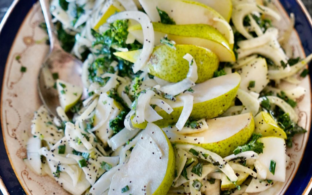 Pear, fennel, herbs, and poppy seed salad